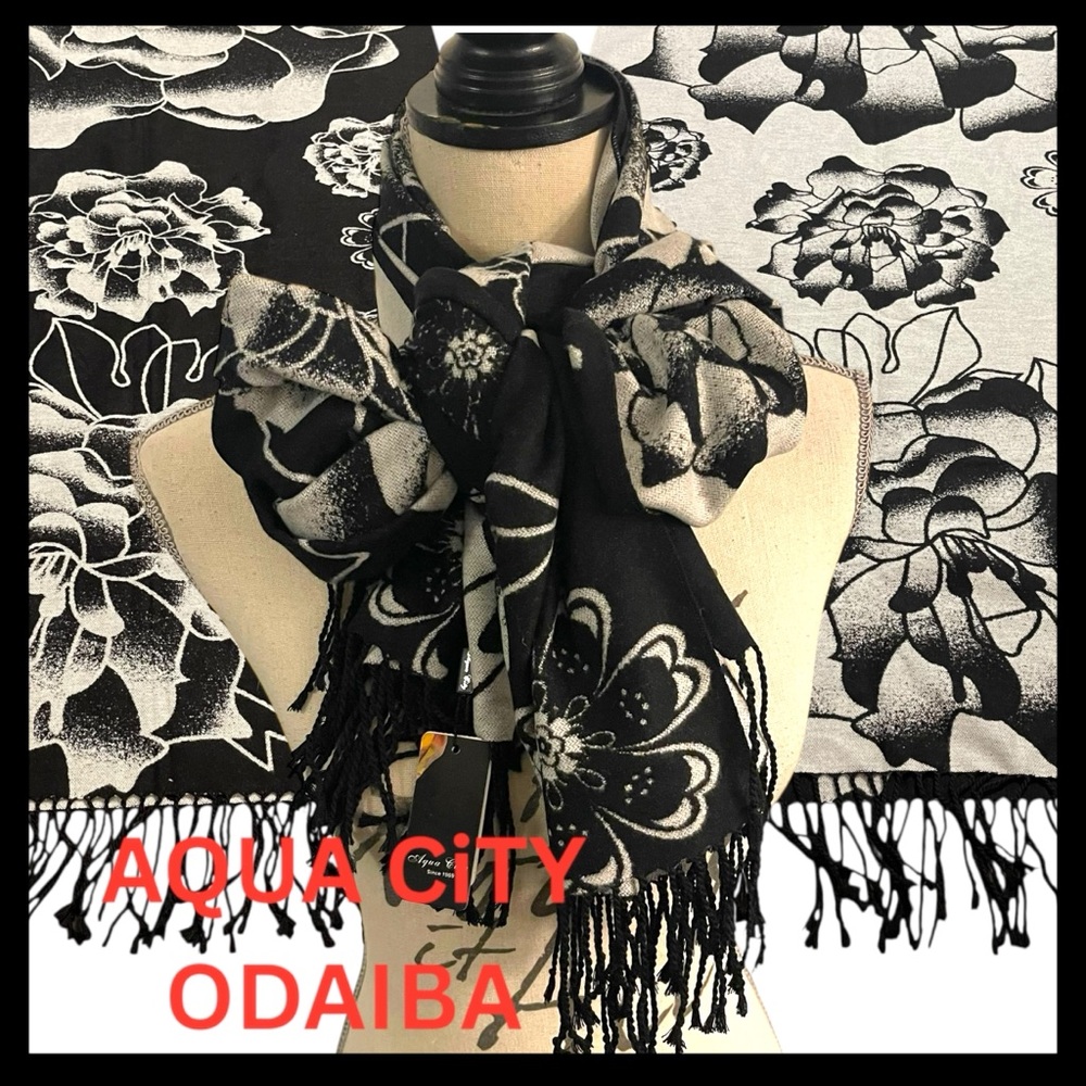 NWT Aqua City (Japan) Black/White Floral Mulberry Silk Reversible Blanket Wrap